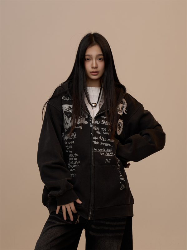 Sweater Women's Letter Printed Black Hooded Zipper Coat - Image 7