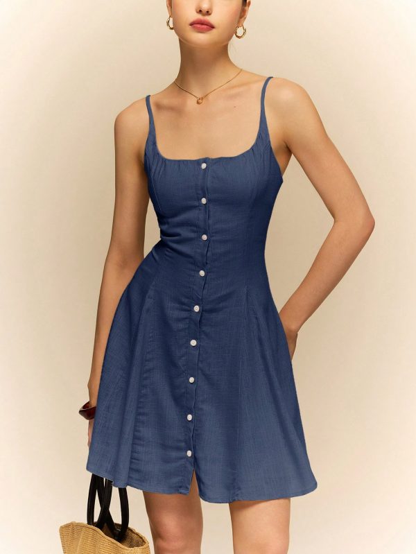 Linen Dress Halter Front Center Button Decoration Comfortable - Image 2