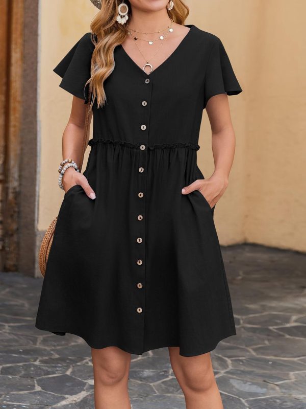 Button Butterfly Sleeve Cotton Linen With Pocket Beach Dress - Image 10