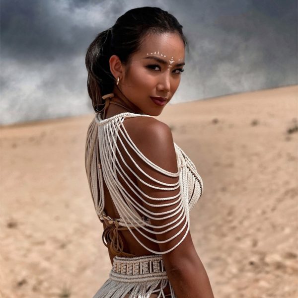 Women's Hand-woven Tassel Dress Creative Beach Travel Sexy Split Chest Wrap - Image 4