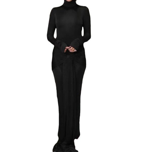 High Collar Solid Color European And American High-end Lace-up Design Dress - Image 5