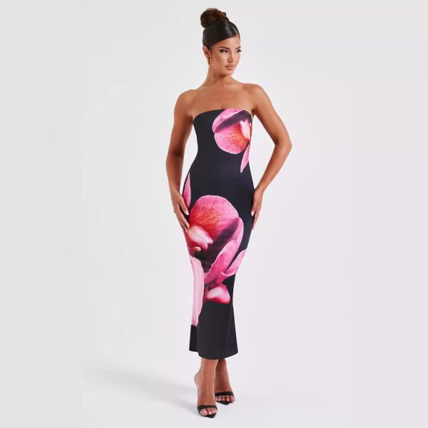 Printed Intellectual Temperament Drape Long Tube Top Sheath Dress - Image 3