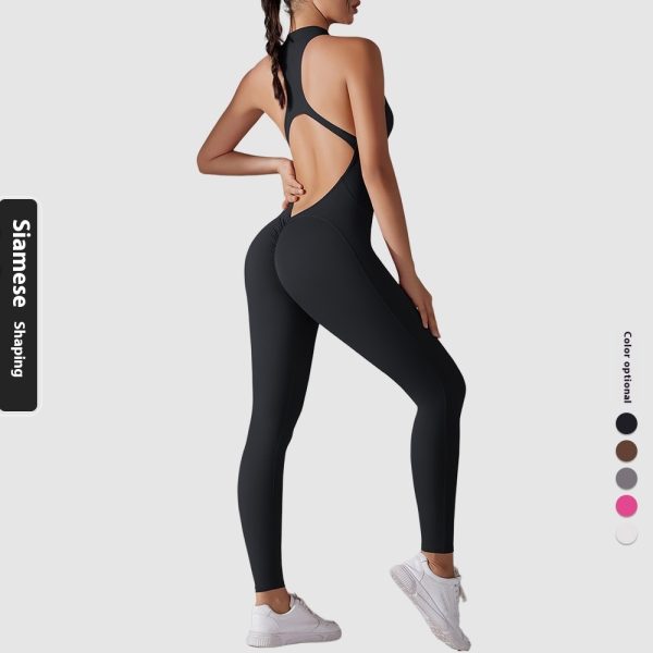 Solid Color Nude Feel High Strength Tight Sports Back Shaping Long Jumpsuit - Image 6
