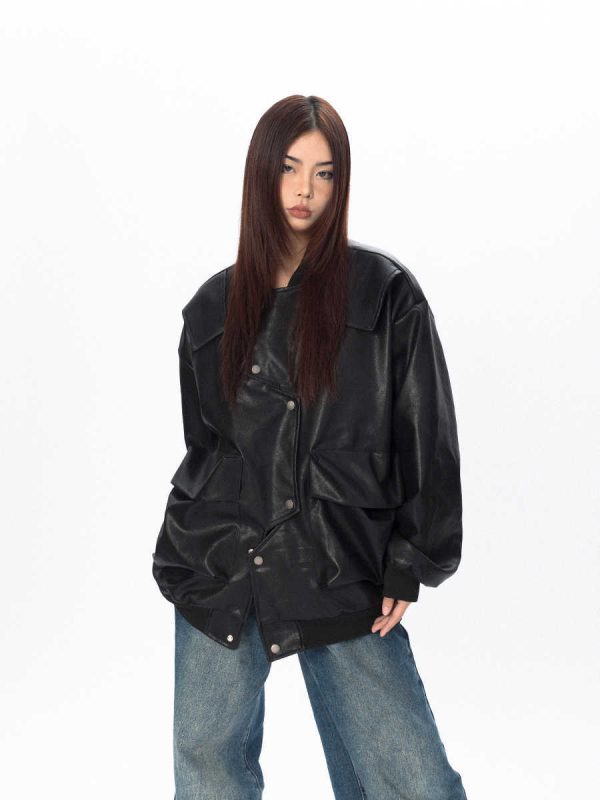 Three-dimensional Pocket Irregular Placket Leather Coat Loose Top - Image 2