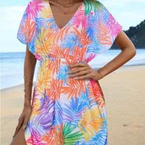 Swim Lushoire Summer Beach Tropical Print Batwing Sleeve Dress