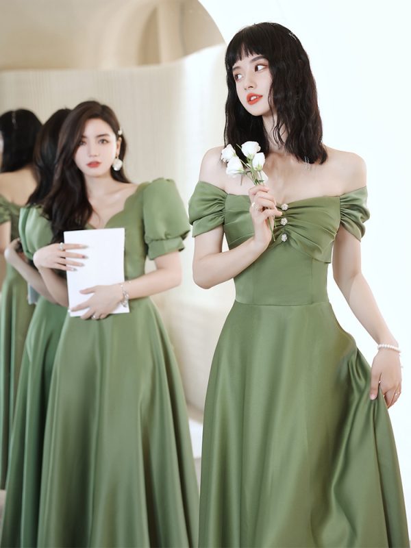 2024 Avocado Green Sisters Group Dress Skirt Women Satin Spring - Image 6