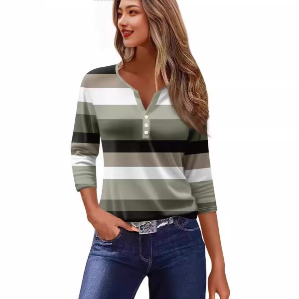 Women's T-shirt V-neck Half-open Tube Three-button Printed 34 Sleeves Top - Image 2