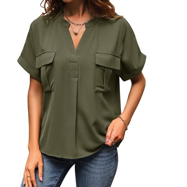 Women's European And American Solid Color And V-neck Pocket Elegant Shirt - Image 5