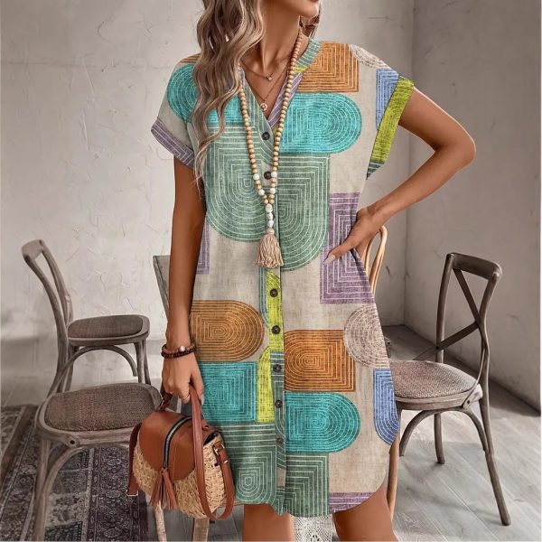 Printed Woven Elegant V-neck Button Dress - Image 3