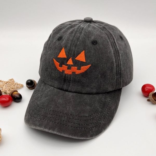 Washed Cotton Men's And Women's Casual Halloween Embroidery Pumpkin Smiley Baseball Cap - Image 2