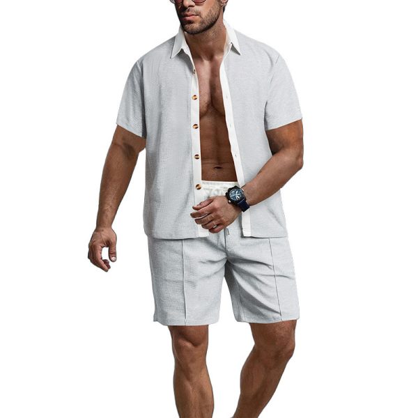 Short Sleeve Shorts Waffle Contrast Color Casual Beach Outdoor - Image 2
