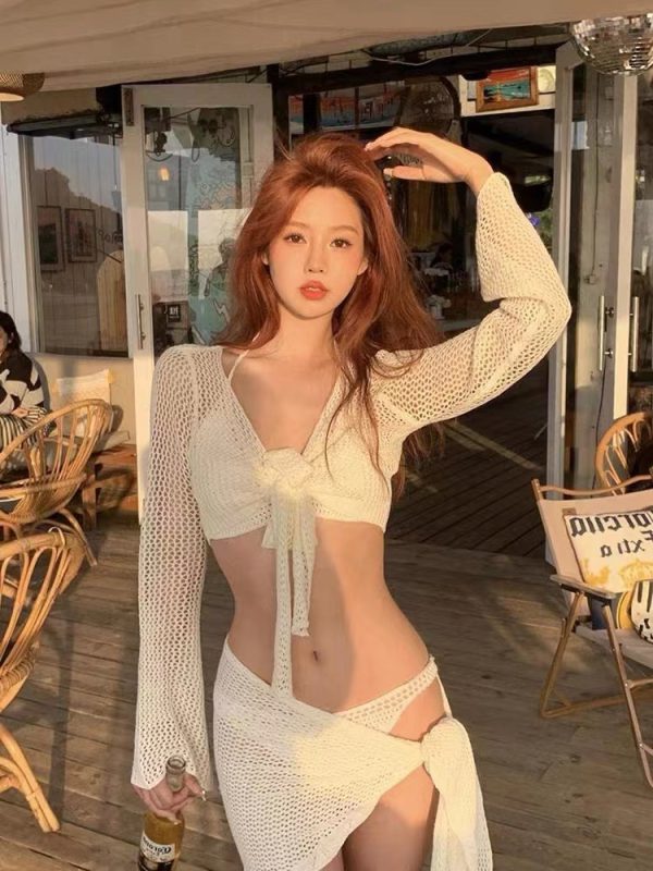 Long-sleeved Knitted Swimsuit Sexy Pure Desire Style Small Chest Push Up Holiday - Image 2