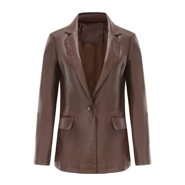 Single Button Commute Leisure Solid Color Leather Coat - Image 9