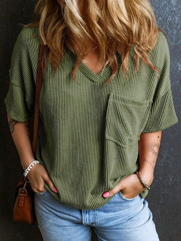 Fashionable Two-tone Pullover Short Sleeve V-neck Top For Women - Image 9