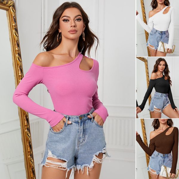 Women's Sloping Exposed Shoulder Long Sleeve Irregular Top - Image 2