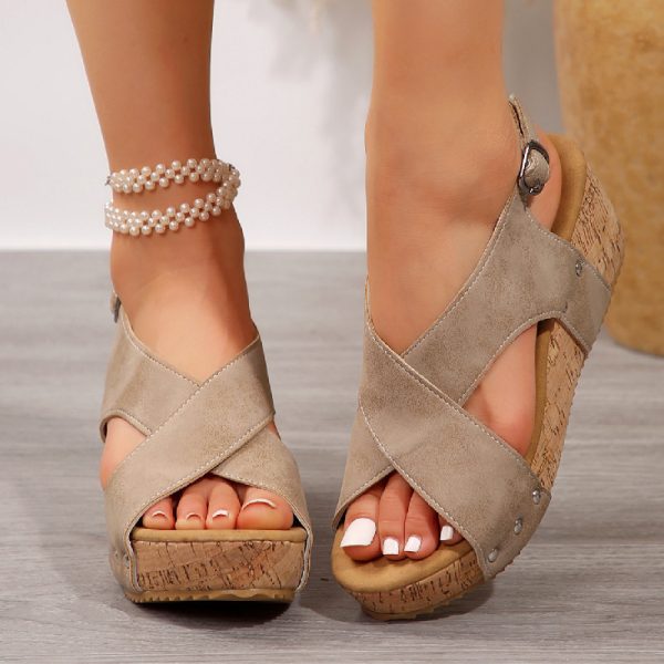 Women's Rivet Wedges Snadals Thick Bottom Fish Mouth Shoes Summer - Image 10
