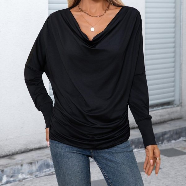 Women's Pile Collar Pleated Top Long Sleeved T-shirt - Image 3