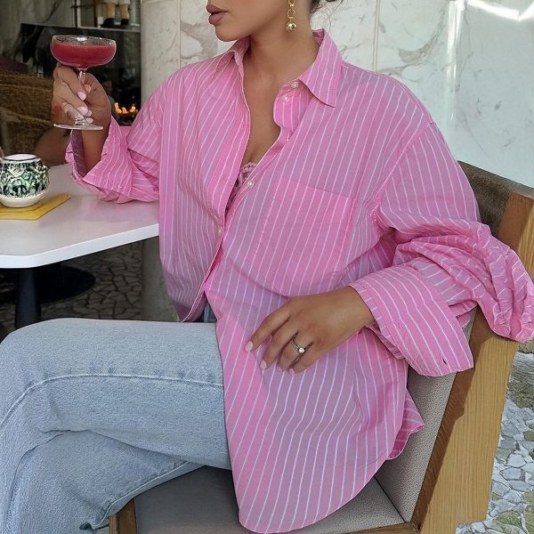 Loose Printed Striped Contrast Color Long Sleeves Women's Clothing - Image 4