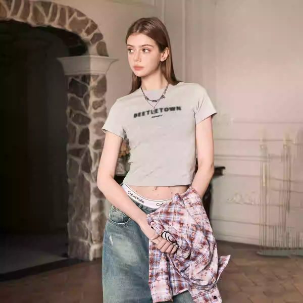 Fuzzy Letter Slim Fit Short T-shirt For Women - Image 3