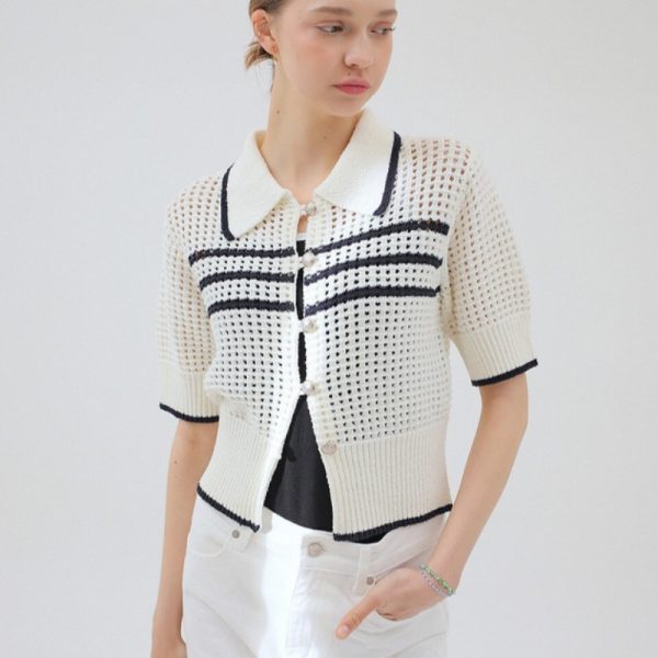 Cardigan Short Sleeve Fit Lapel Fashion Striped Colors - Image 4