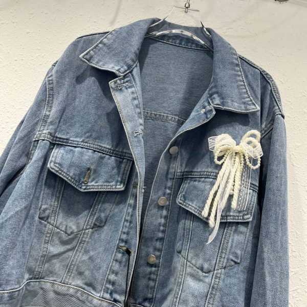 Fashion Lace Bow Patchwork Denim Jacket - Image 4