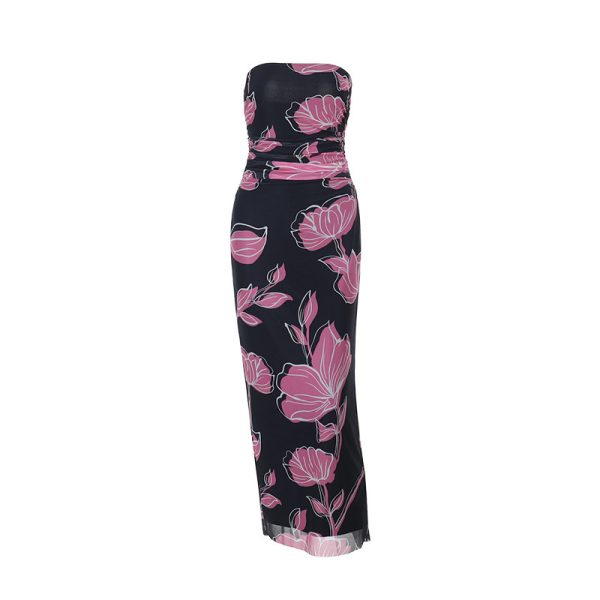 Pleated Mesh Floral Print Tube Top Dress Sleeveless Women's Clothing - Image 5