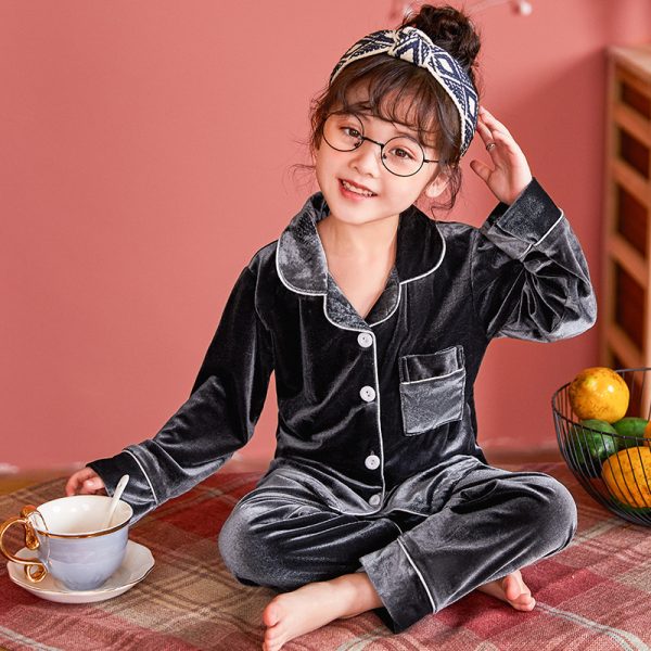 Children's Gold Velvet Solid Color Pajamas Set - Image 5