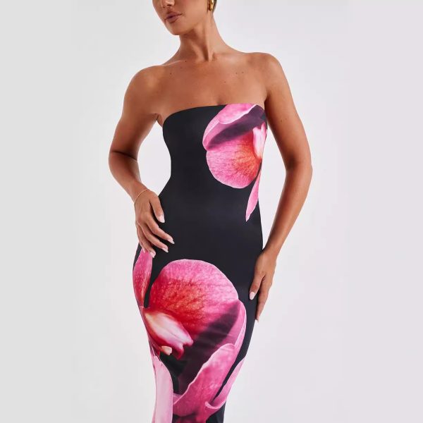 Printed Intellectual Temperament Drape Long Tube Top Sheath Dress - Image 2