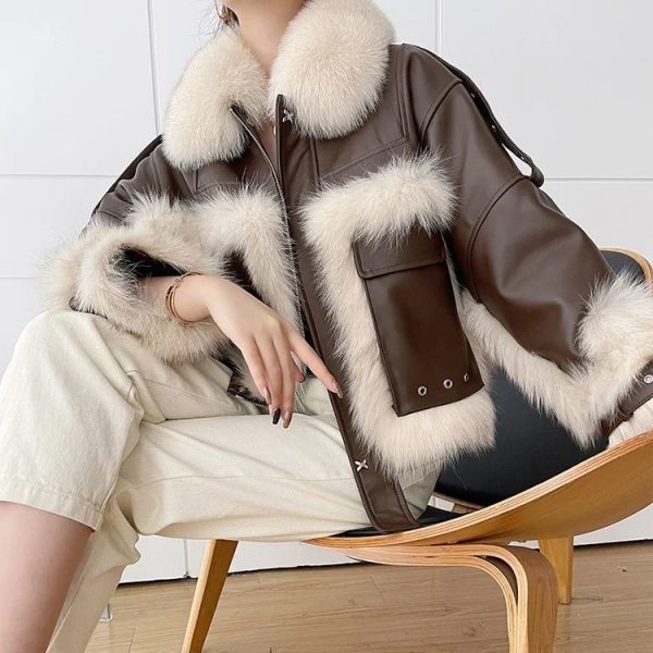 Sense Fox Fur Stitching Leather Coat - Image 2