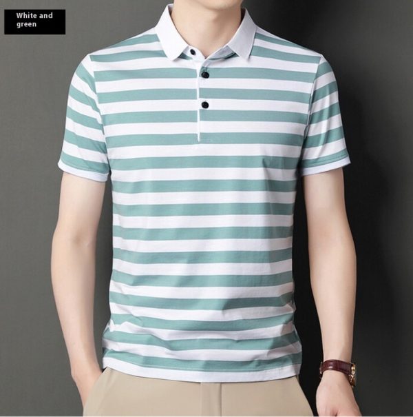 Summer Short-sleeved T-shirt Men's Cotton Ice Silk Polo Collar Stripes Youth Undershirt - Image 5