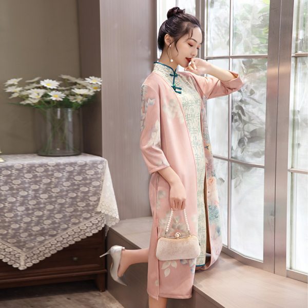Women's Medium Length Cheongsam With Suede And Aodai Dress - Image 2