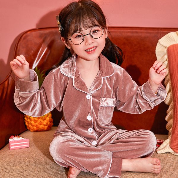 Children's Gold Velvet Solid Color Pajamas Set - Image 6