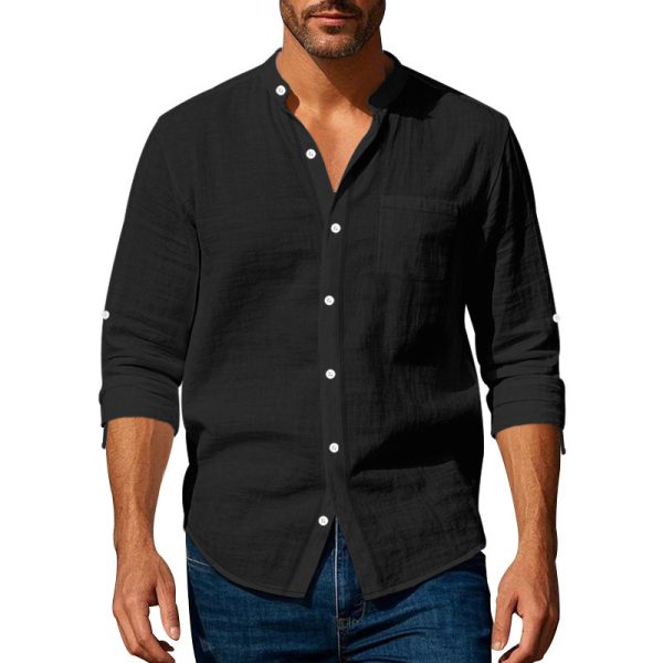 Long Sleeve Stand Collar Casual Men's Pocket Shirt - Image 9