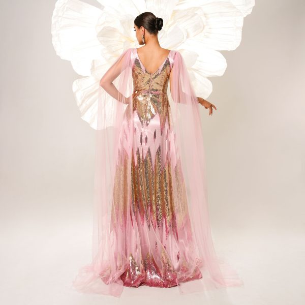 Mesh Long Sleeve V-neck Sequins Large Swing Evening Dress - Image 3