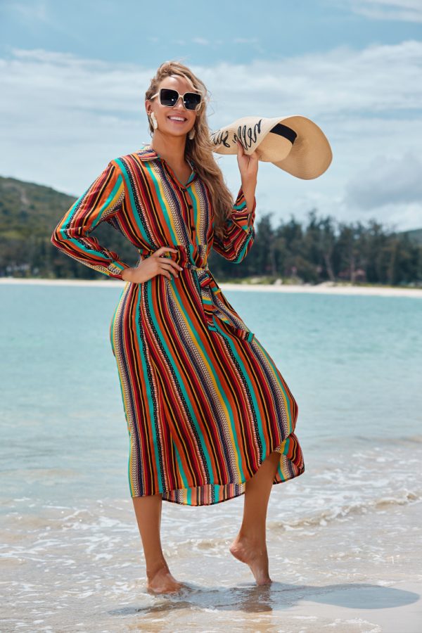 Cover The Flesh And Show The Thin Color Striped Beach Skirt Seaside Vacation Long-Sleeved Sun Protection Clothing Long Shirt Swimsuit Coverall Jacket - Image 3