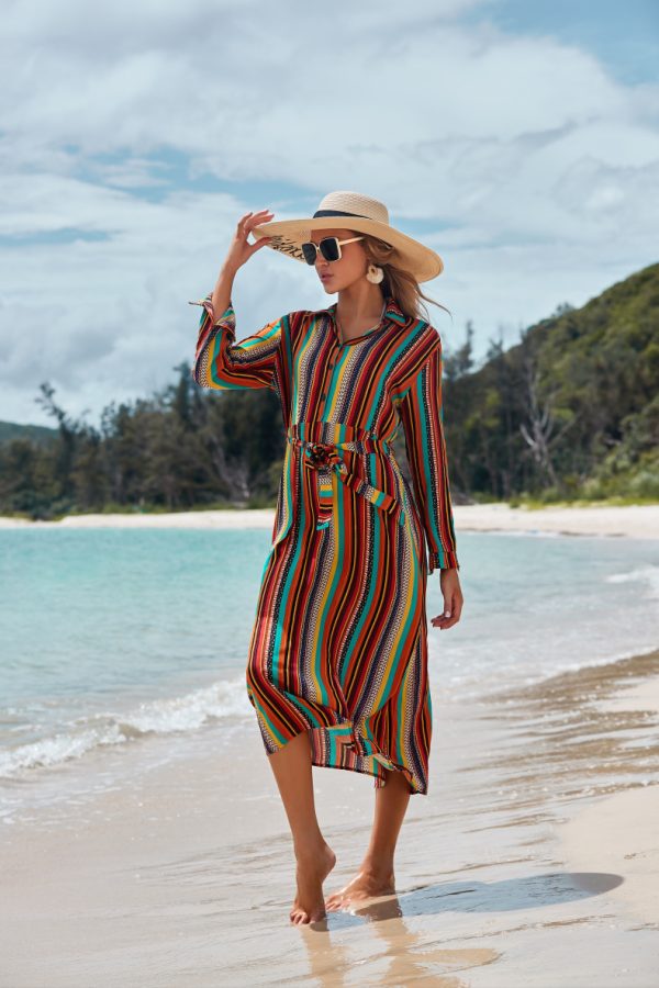 Cover The Flesh And Show The Thin Color Striped Beach Skirt Seaside Vacation Long-Sleeved Sun Protection Clothing Long Shirt Swimsuit Coverall Jacket - Image 4