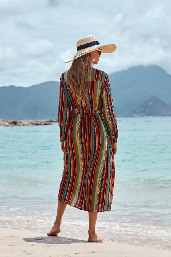 Cover The Flesh And Show The Thin Color Striped Beach Skirt Seaside Vacation Long-Sleeved Sun Protection Clothing Long Shirt Swimsuit Coverall Jacket - Image 5