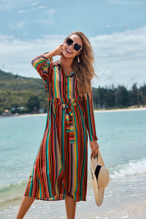 Cover The Flesh And Show The Thin Color Striped Beach Skirt Seaside Vacation Long-Sleeved Sun Protection Clothing Long Shirt Swimsuit Coverall Jacket - Image 2
