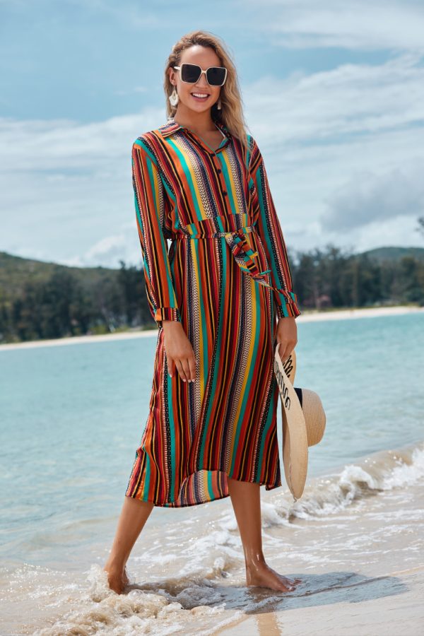 Cover The Flesh And Show The Thin Color Striped Beach Skirt Seaside Vacation Long-Sleeved Sun Protection Clothing Long Shirt Swimsuit Coverall Jacket - Image 6