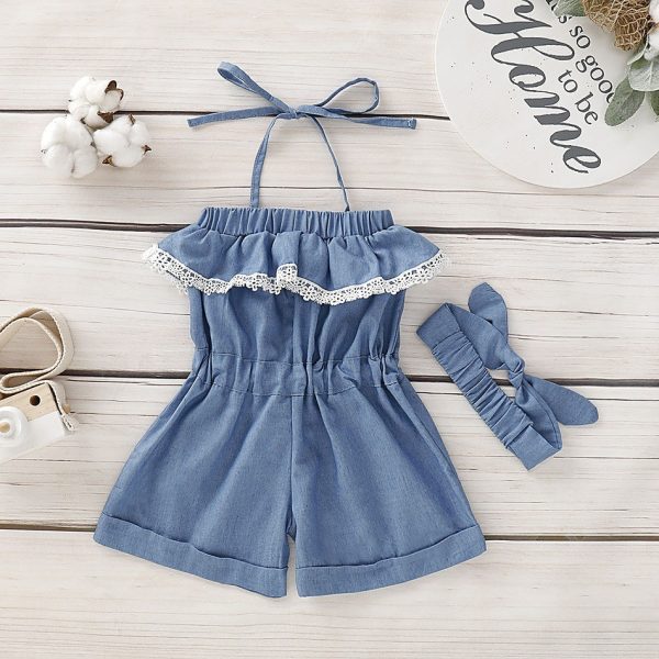 Ins Foreign Trade Platform For Cross-Border Infant Spinning Jeans Hanging Neck Jumpsuit Denim Headband Two-Piece Set - Image 4