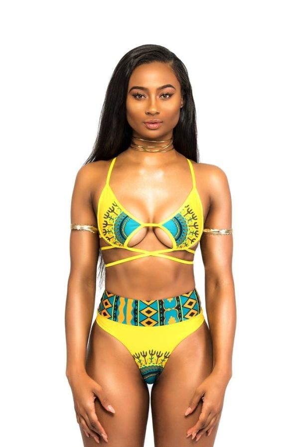African Print Two-Pieces Bath Suits Bikini Set Sexy Geometric Swimwear Swimsuit Golden High Waist Swimming Suit - Image 3