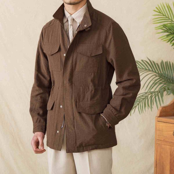 Stand Collar Jacket Linen Blended Breathable Gentry Safari Jacket Coat - Image 2
