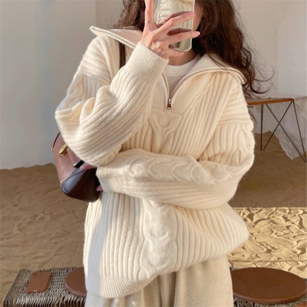 Half Zipper And Lapel Thick Sweater For Women Autumn And Winter - Image 4