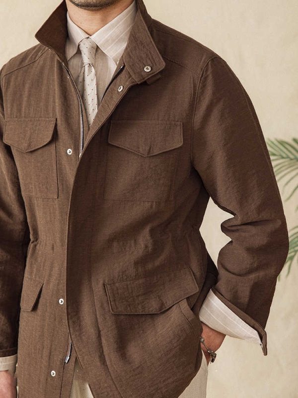 Stand Collar Jacket Linen Blended Breathable Gentry Safari Jacket Coat - Image 5
