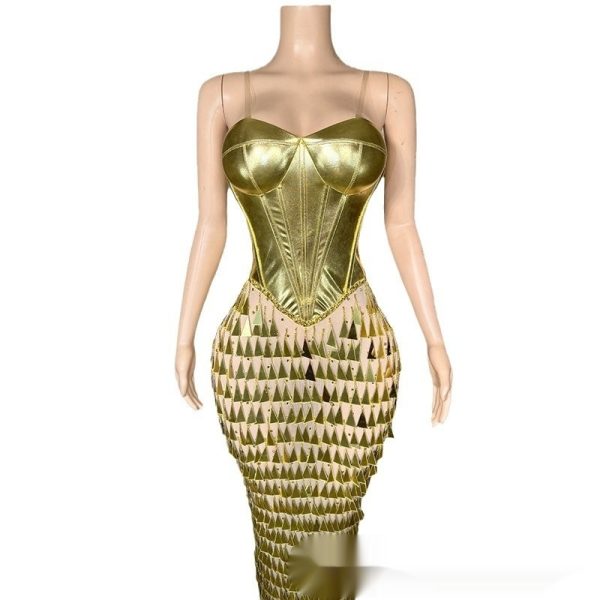 Golden Bright Surface Bandage Design Tight Waist Slimming Mermaid Day Formal Dress - Image 4