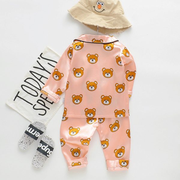 Long sleeve ice silk bear pajamas set for boys and girls - Image 5