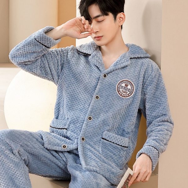 Men's Long Sleeve Cardigan Pajamas Outer Wear Coral Fleece Home Wear - Image 10