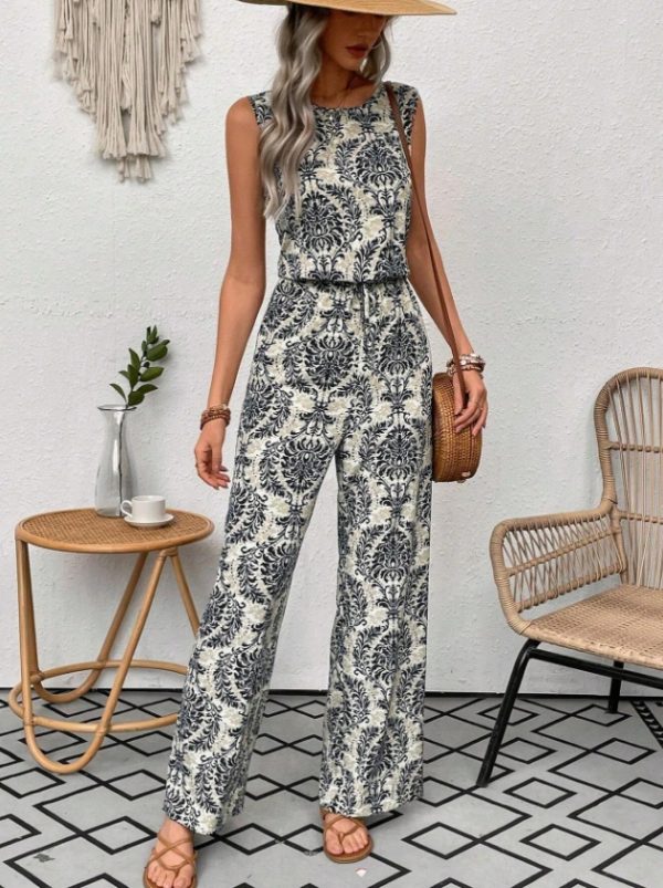 Printed Waist Cinching Casual Straight Leg Pants Set - Image 3