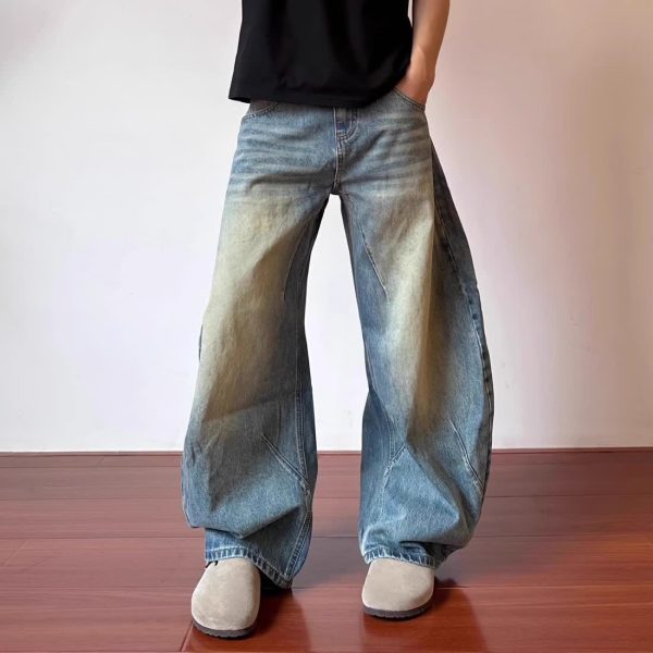 Retro Design Deconstructed Pleated Washed Blue Jeans - Image 2