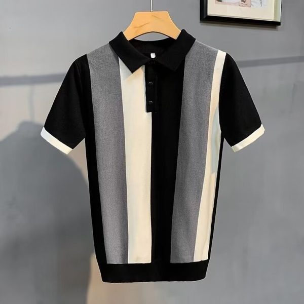 Short Sleeve Men's Vintage Stripe Personality Zipper Half Sleeve - Image 5